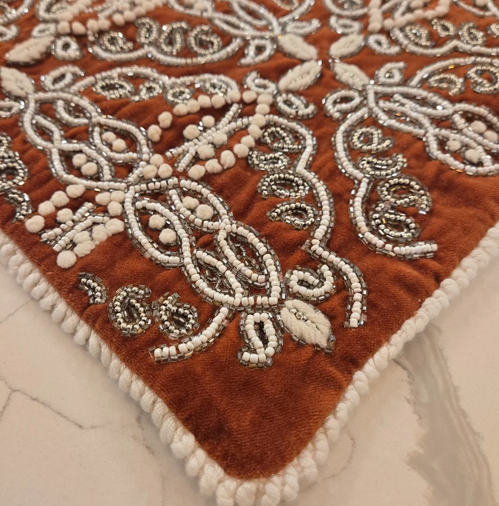 Set Of 2 Artistic Accents Velvet Cotton Embroidered Beaded Throw Pillow Covers
